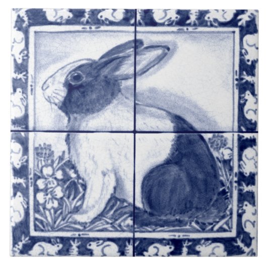 Navy Blue White Dutch Rabbit Dedham Delft Mural Tegeltje (Voorkant)
