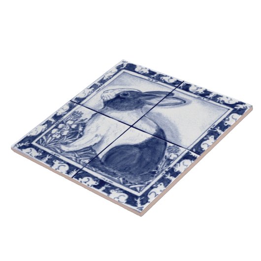 Navy Blue White Dutch Rabbit Dedham Delft Mural Tegeltje (Zijkant)