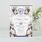 Navy Blue White Elegant Baroque Charro Quinceanera Kaart (Staand voorkant)