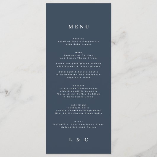 Navy Blue White Elegant Classic Wedding Menu (Voorkant)