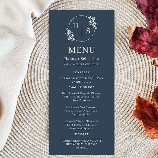 Navy Blue White Elegant Classic Wedding  Menu