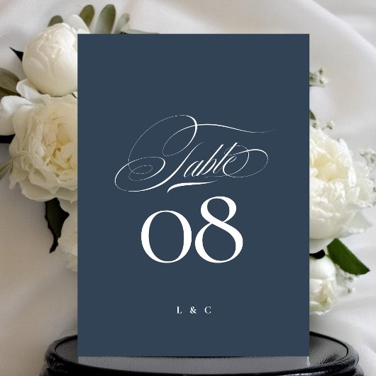 Navy Blue White Elegant Wedding 5 x 7 Table Number Kaart