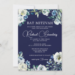 Navy Blue White Floral Beauful Bat Mitzvah Kaart
