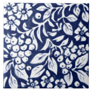 Navy Blue White Floral Berry Leaf Cobalt N Tegeltje