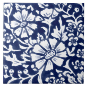 Navy Blue White Floral Daisy Leaf Chinoiserie Tegeltje