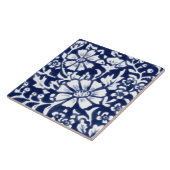 Navy Blue White Floral Daisy Leaf Chinoiserie Tegeltje (Zijkant)