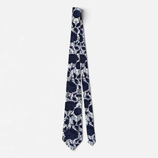 Navy Blue & White Floral Damask Aristocrat Wedding Stropdas (Voorkant)