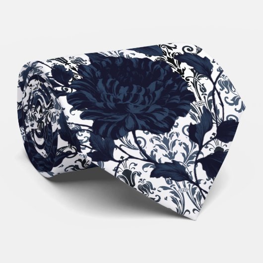 Navy Blue & White Floral Damask Aristocrat Wedding Stropdas (Opgerold)