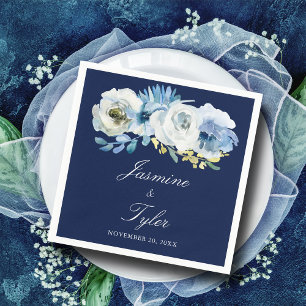 Navy Blue White Floral Elegant Modern Wedding Servet