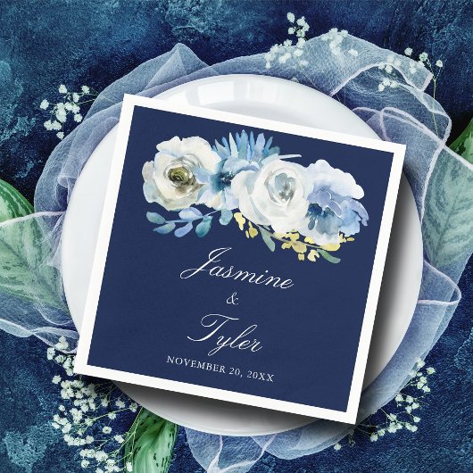Navy Blue White Floral Elegant Modern Wedding Servet