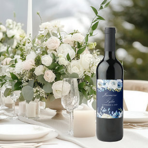 Navy Blue White Floral Elegant Modern Wedding Wijn Etiket