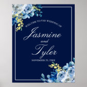 Navy Blue White Floral Elegant Welkomsthuwelijk Poster (Voorkant)