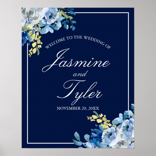 Navy Blue White Floral Elegant Welkomsthuwelijk Poster (Voorkant)