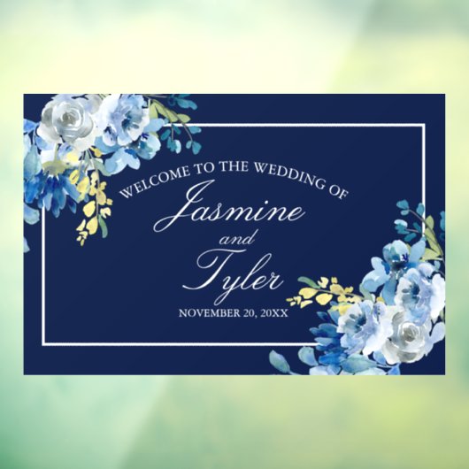 Navy Blue White Floral Elegant Welkomsthuwelijk Raamsticker (Vel 3)