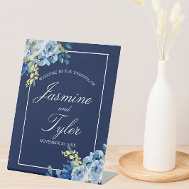 Navy Blue White Floral Elegant Welkomsthuwelijk Reclamebord Met Voetstuk