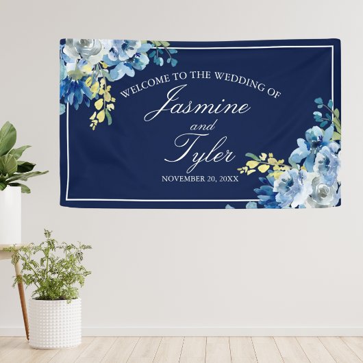 Navy Blue White Floral Elegant Welkomsthuwelijk Spandoek