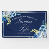 Navy Blue White Floral Elegant Welkomsthuwelijk Spandoek (Horizontaal)