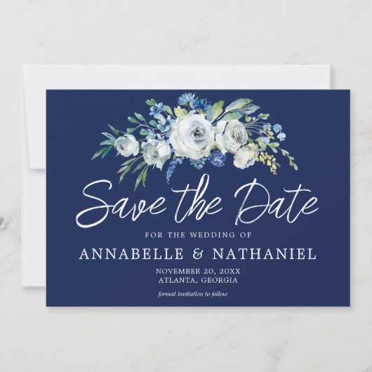 Navy Blue White Floral Elegant Winter Evening Save The Date (Voorkant)