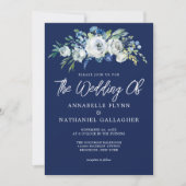 Navy Blue White Floral Elegant Winter Wedding Kaart (Voorkant)