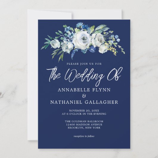 Navy Blue White Floral Elegant Winter Wedding Kaart (Voorkant)