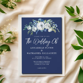 Navy Blue White Floral Elegant Winter Wedding Kaart