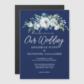 Navy Blue White Floral Elegant Winter Wedding Magnetische Uitnodiging (Voorkant / Achterkant)
