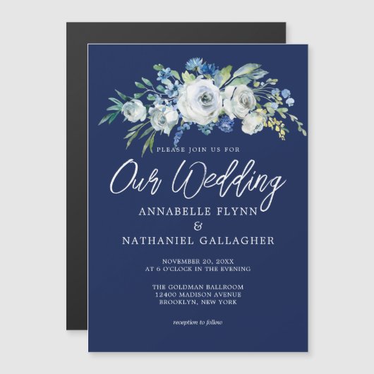 Navy Blue White Floral Elegant Winter Wedding Magnetische Uitnodiging (Voorkant / Achterkant)