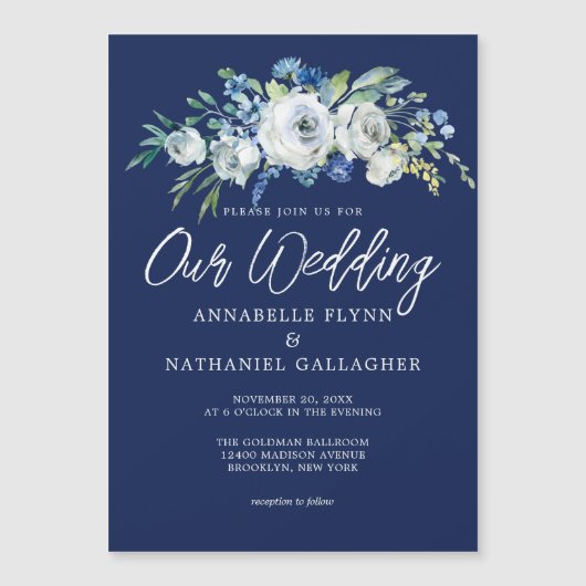 Navy Blue White Floral Elegant Winter Wedding Magnetische Uitnodiging (Voorkant)
