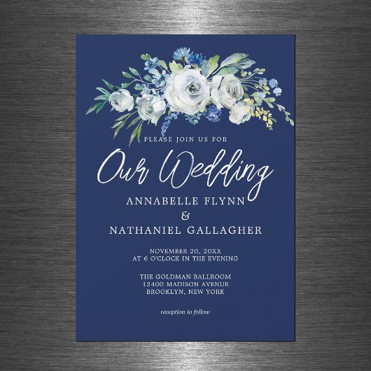 Navy Blue White Floral Elegant Winter Wedding Magnetische Uitnodiging