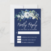 Navy Blue White Floral Elegant Winter Wedding RSVP Kaartje (Voorkant)