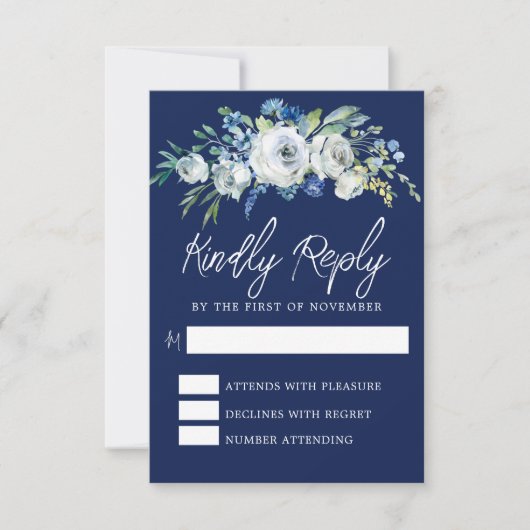 Navy Blue White Floral Elegant Winter Wedding RSVP Kaartje (Voorkant)