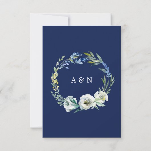 Navy Blue White Floral Elegant Winter Wedding RSVP Kaartje (Achterkant)