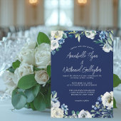 Navy Blue White Floral Handwrite Winter Wedding Kaart