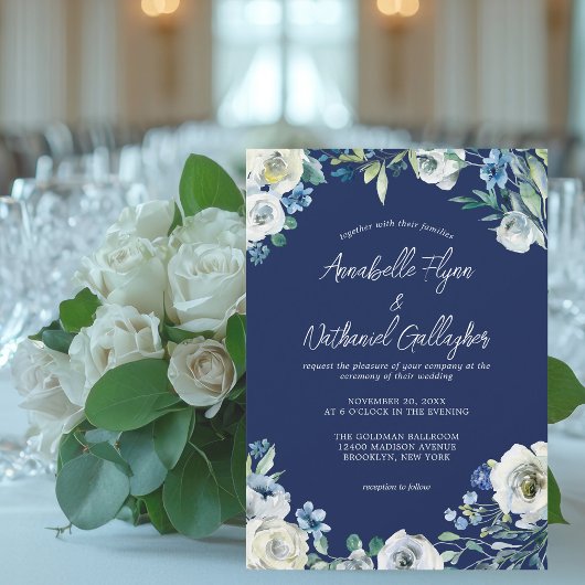 Navy Blue White Floral Handwrite Winter Wedding Kaart
