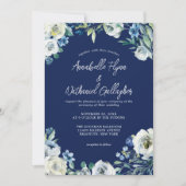 Navy Blue White Floral Handwrite Winter Wedding Kaart (Voorkant)