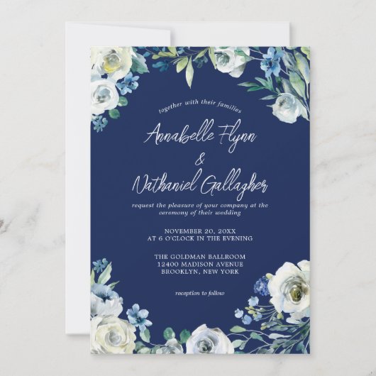 Navy Blue White Floral Handwrite Winter Wedding Kaart (Voorkant)
