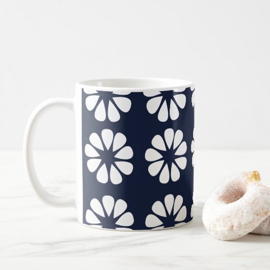Navy Blue White Floral Koffiemok (Met donut)