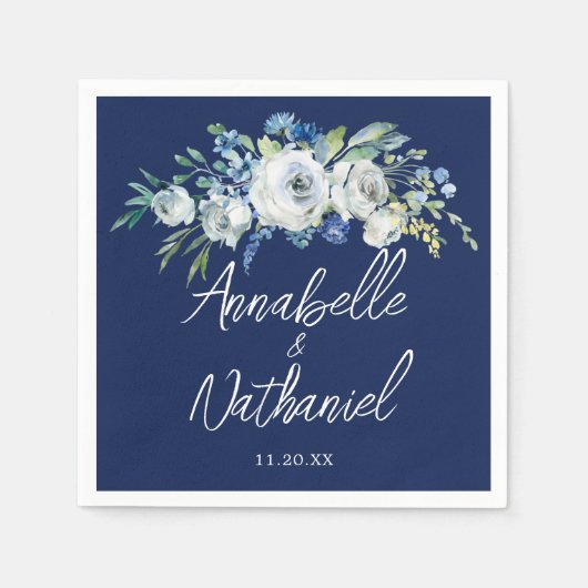Navy Blue White Floral Modern Evening Wedding Servet (Voorkant)