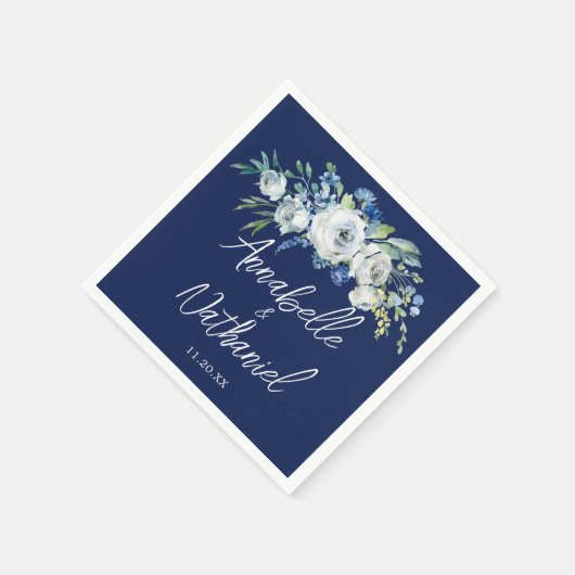 Navy Blue White Floral Modern Evening Wedding Servet (Hoek)