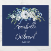 Navy Blue White Floral Modern Evening Wedding Sparkling Wijnetiket (Enkel label)