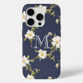 Navy Blue White Floral Monogram Case-Mate iPhone Case (Achterkant)