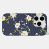 Navy Blue White Floral Monogram Case-Mate iPhone Case (Achterkant (horizontaal))