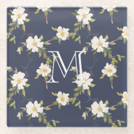 Navy Blue White Floral Monogram Glazen Onderzetter