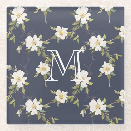 Navy Blue White Floral Monogram Glazen Onderzetter (Voorkant)