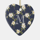 Navy Blue White Floral Monogram Keramisch Ornament (Rechts)