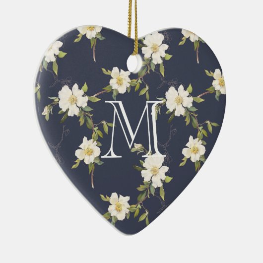 Navy Blue White Floral Monogram Keramisch Ornament (Rechts)