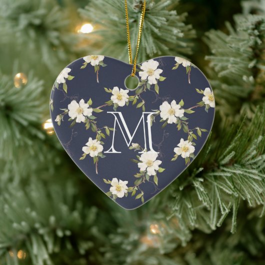 Navy Blue White Floral Monogram Keramisch Ornament (Boom)