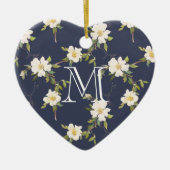 Navy Blue White Floral Monogram Keramisch Ornament (Voorkant)