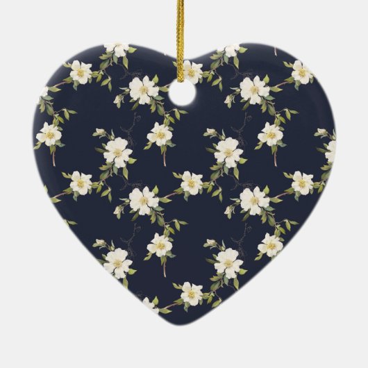 Navy Blue White Floral Monogram Keramisch Ornament (Achterkant)