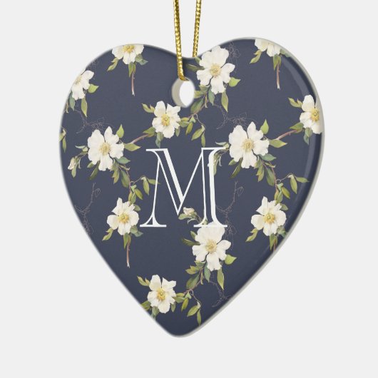 Navy Blue White Floral Monogram Keramisch Ornament (Links)